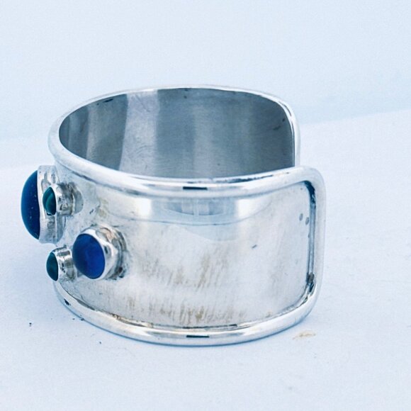 Vintage Estate Sterling Silver 925 Wide Cuff Bracelet w/ Lapis & Malachite 41g - Picture 5 of 13